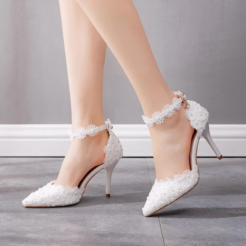 High Heels Pumps Buckle Strap Hollow Lace Pointed Toe Thin Heels