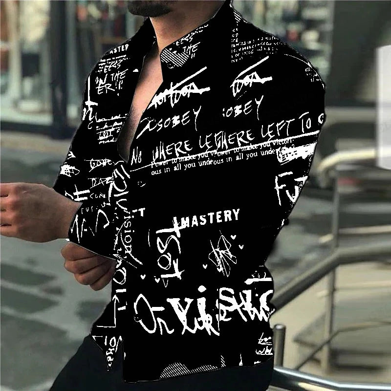 Long Sleeve Hawaiian Shirts Men Fashion Letter Shirt Black White Lepal Blouses