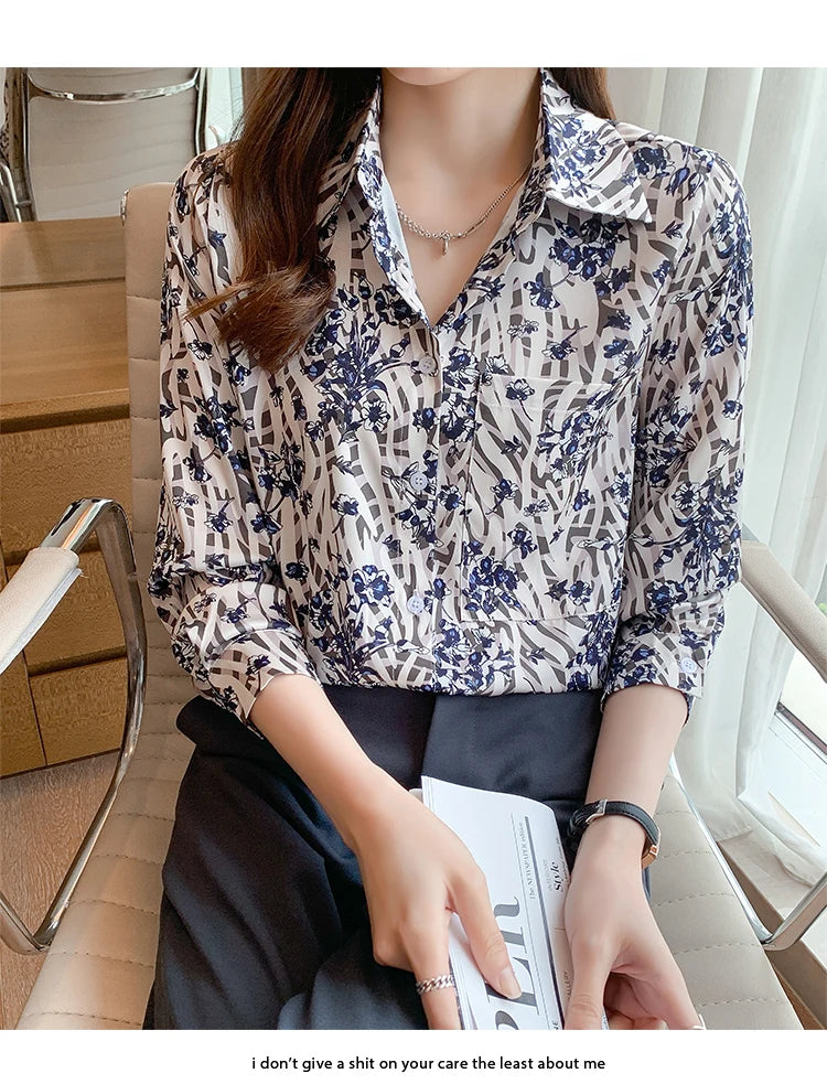 Vintage Casual Women Silk Shirts Autumn Long Sleeve Lapel Button