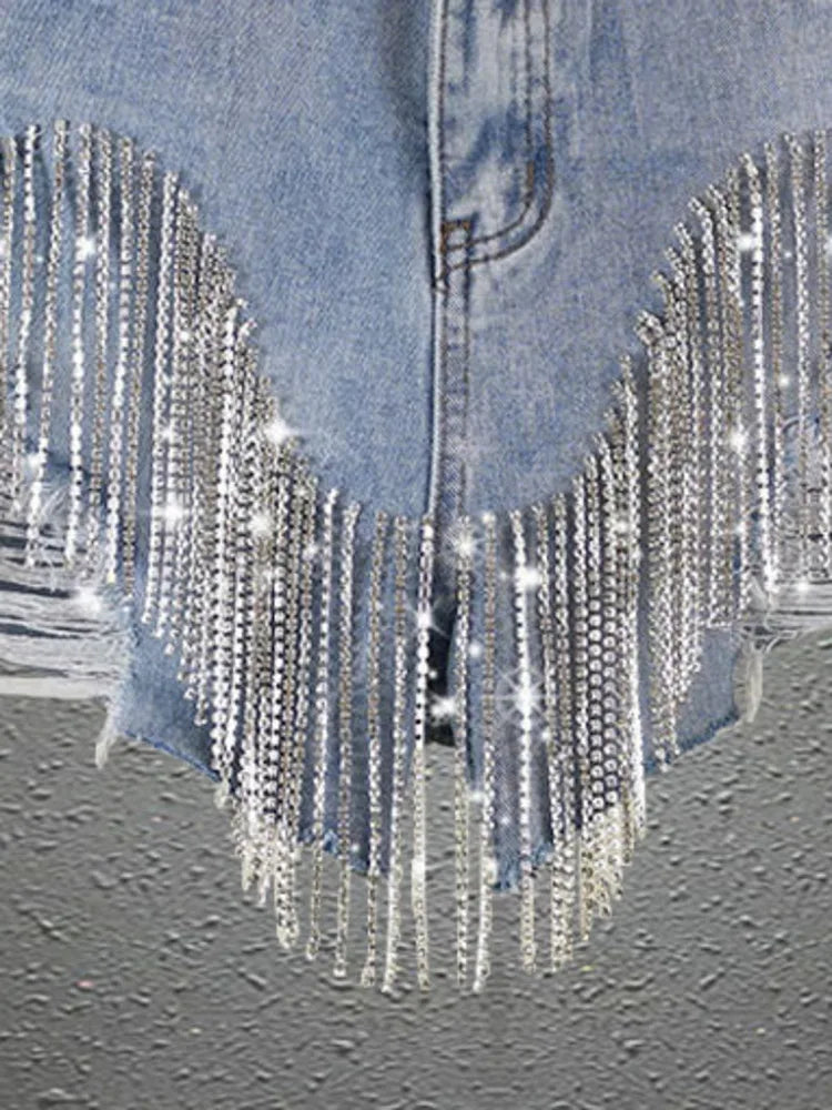 Diamond Chain Tassel Edge High Waist Straight Wide Leg Denim Shorts