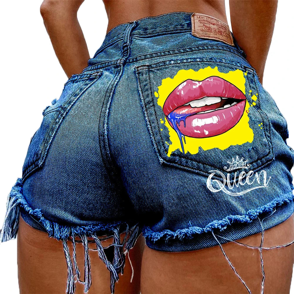 Denim Shorts Women High Street Net Red Lips Printed Jean Shorts