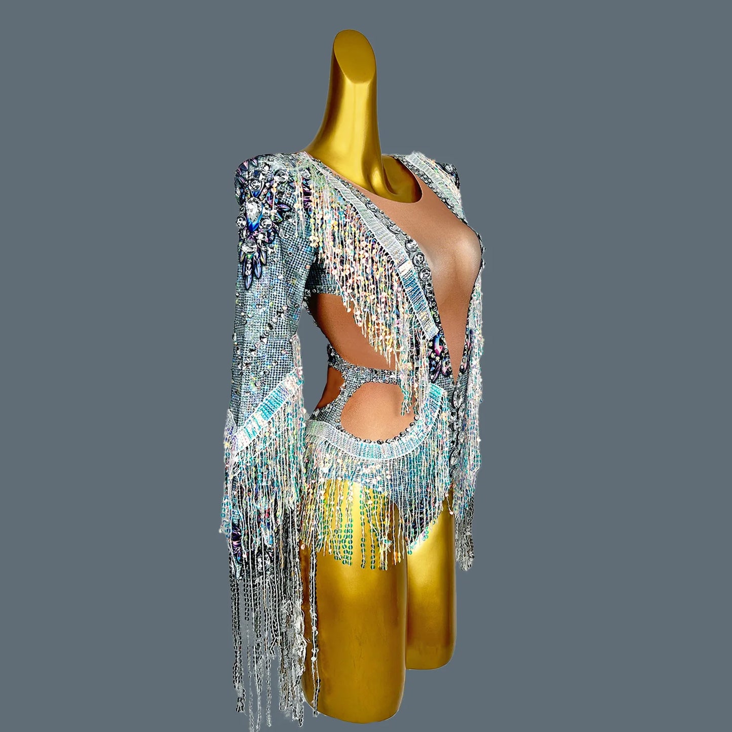 Women Rhinestone Sequins Tassel  Bodysuit