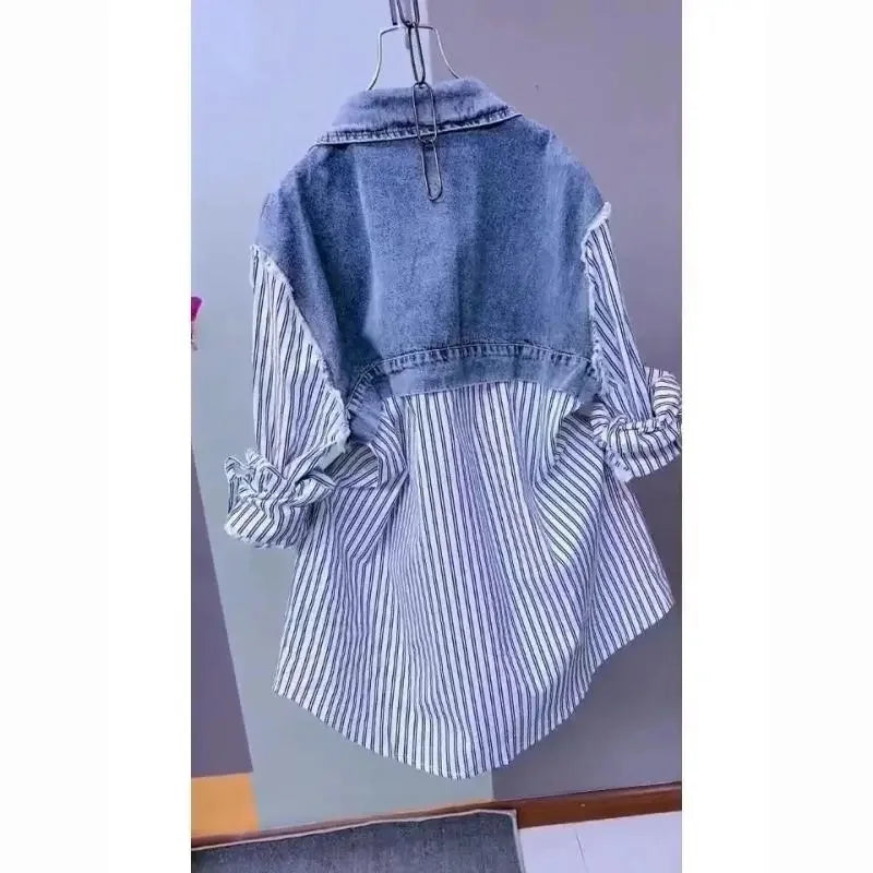 Striped Denim Jacket  New Design Sense Stitching  Coat Top