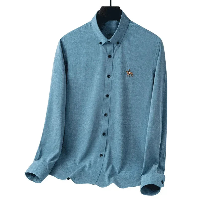 Non-iron Horse Embroidery Solid Soft Wrinkle  Ice Slik Men's Shirt Long Sleeve England StyleSlim Fit