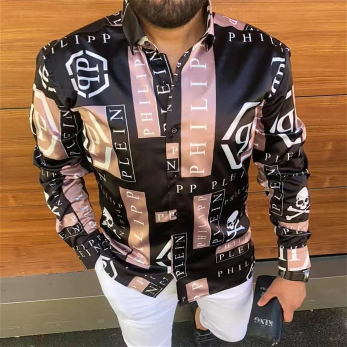 Men's High-end Luxury Shirt 3D Color Printed Long Sleeve Fall Smooth Shirt