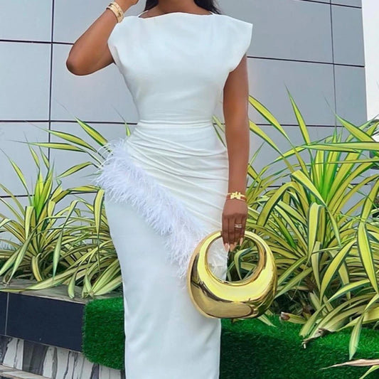 Bodycon Dresses Fur Party Night Prom White Long Dress
