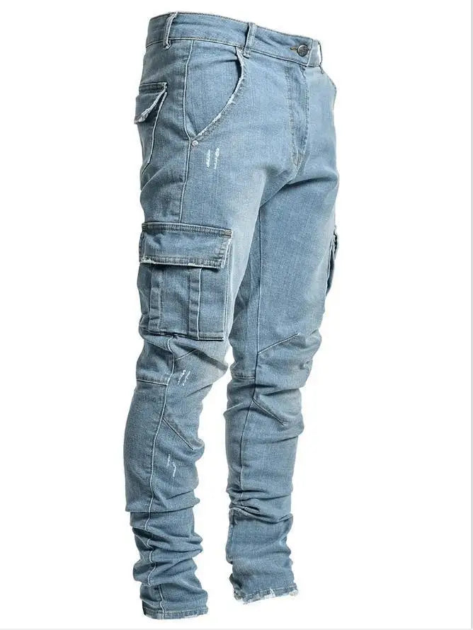 Men's Jeans Denim Pant Mid Waist Cargo Jean Male Slim Fahsion Casual Trousers