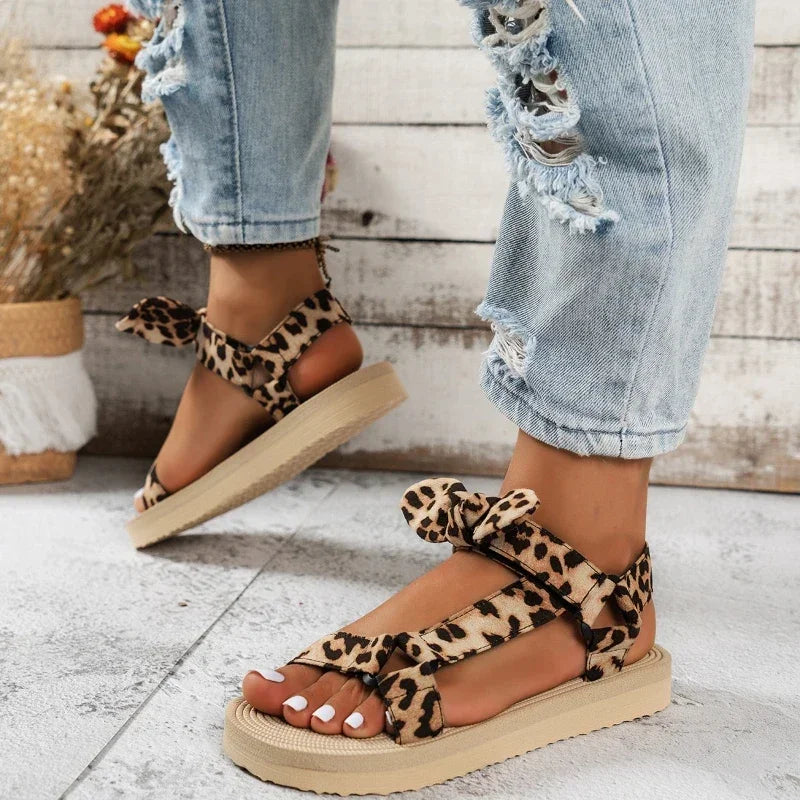 Women's Leopard Print Bow Sandals