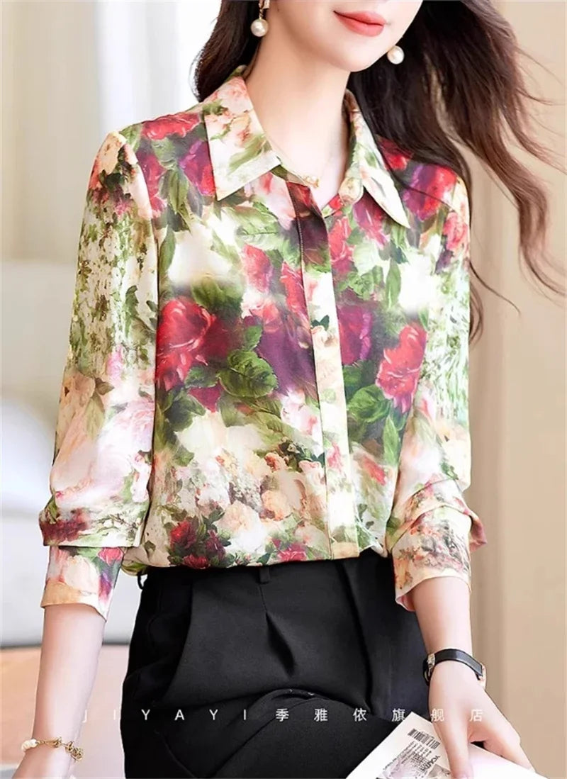 Vintage Rose Print Women Casual Shirts