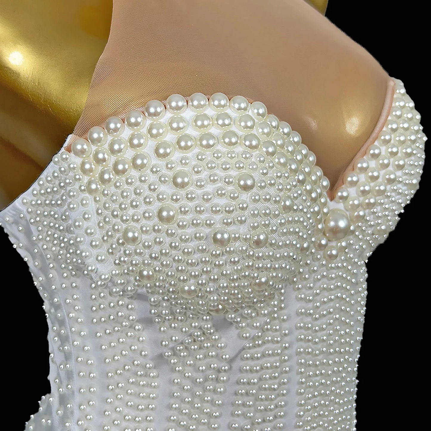 Luxurious Full White Pearls Chains Party Bodysuit  Elegant  Nightclub