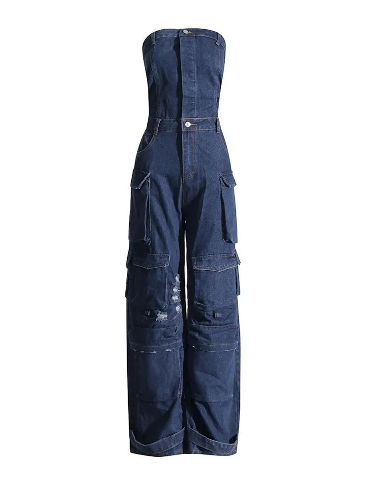 TWOTWINSTYLE Solid Patchwork Pocket Casual Denim Jumpsuits For Women