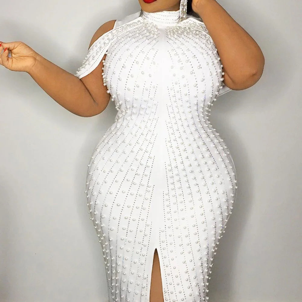 Beading White Sleeveless Bodycon Dress