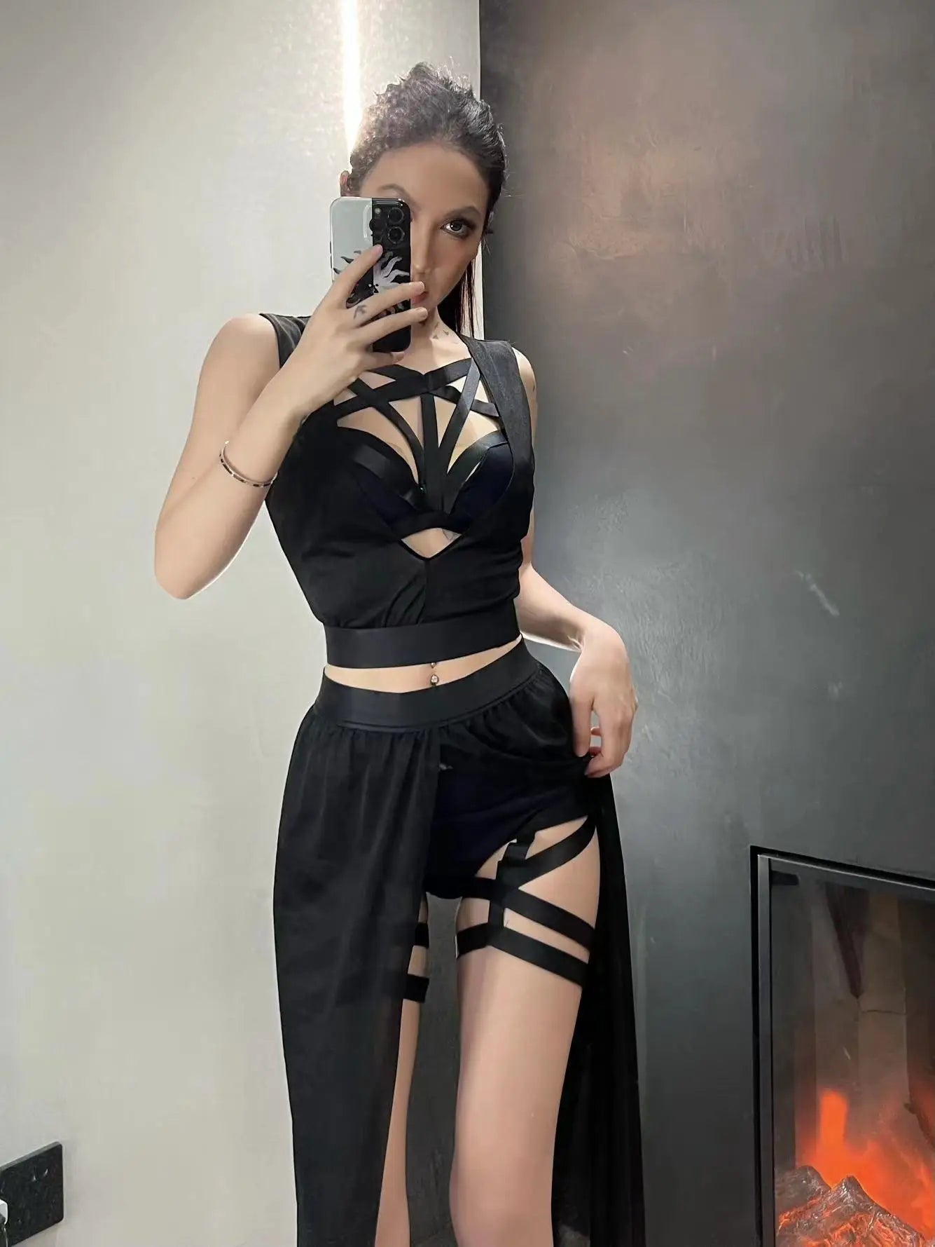 Corsets Skirt Set Women Sleeveless Black Crop Bra Top Bandage Underpants Slit Skirt 4pcs Sets