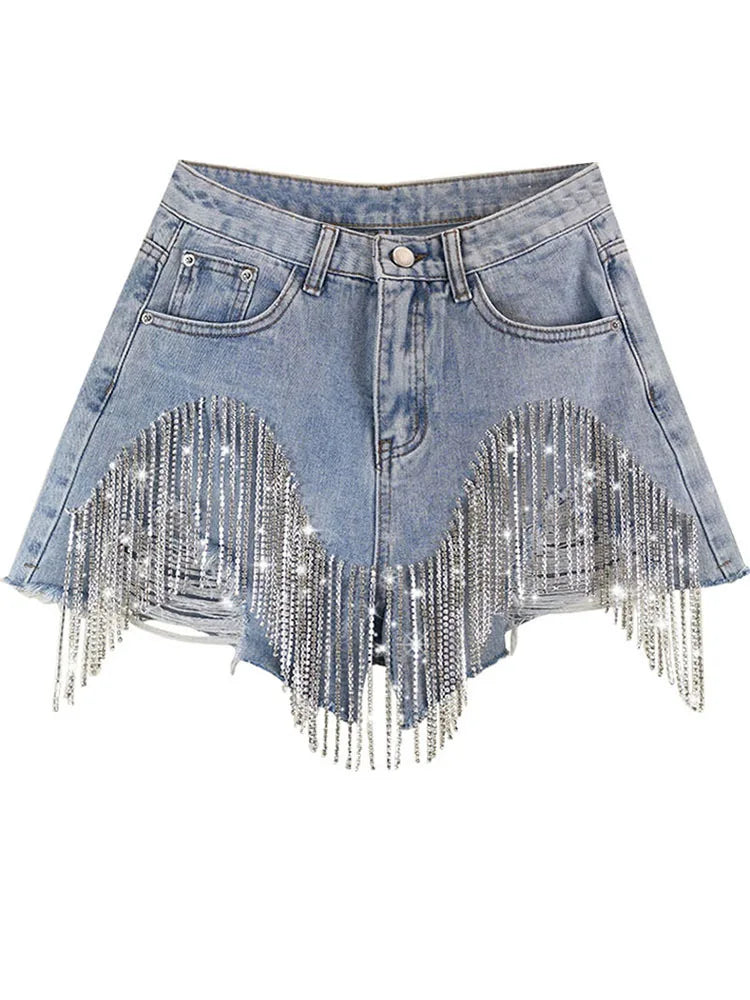 Diamond Chain Tassel Edge High Waist Straight Wide Leg Denim Shorts