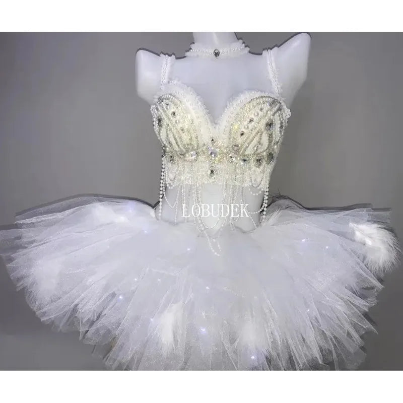 White Pearls Crystal Bikini LED Bubble Skirt Set Sexy Rave Party Nightclub Costumes DJ Dance