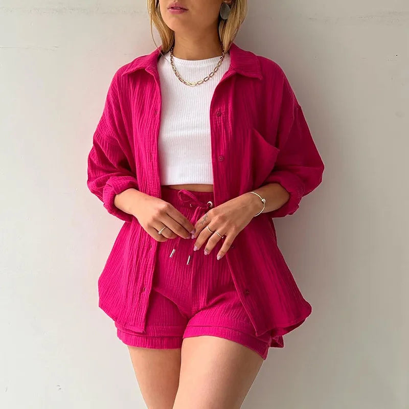 Women's Wrinkled Lapel Long-sleeved Shirt High-waist Drawstring Shorts Commuter Fashion Casual Two-piece Set