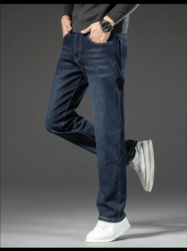 New Fleece Jeans Mens Thick Warm Winter Men's Pants Loose Straight Stretch Plus Size Trousers