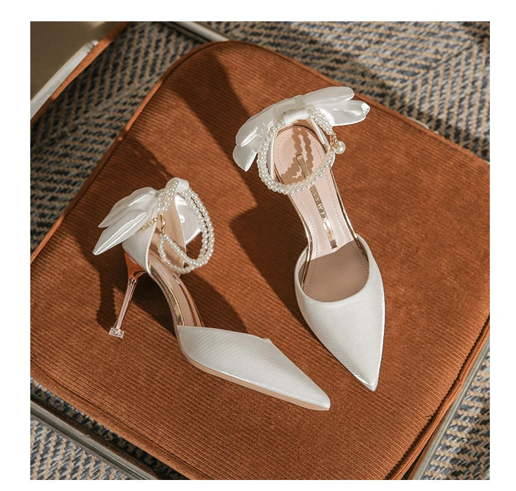 New Women Thin Heel Hollow Sandals  Pearl Butterfly Pointed Toe Wedding Shoes