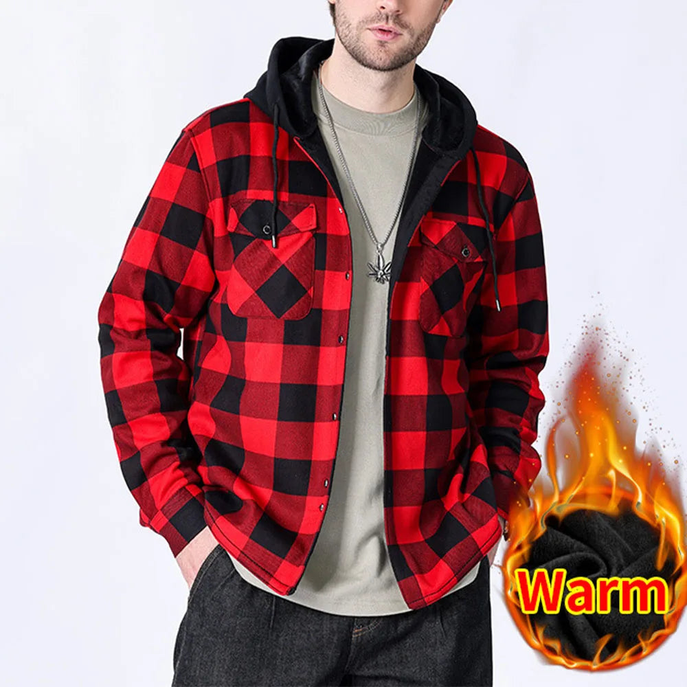 Men's Winter Jackets Large Size Flannel Casual Fleece Lining Hooded