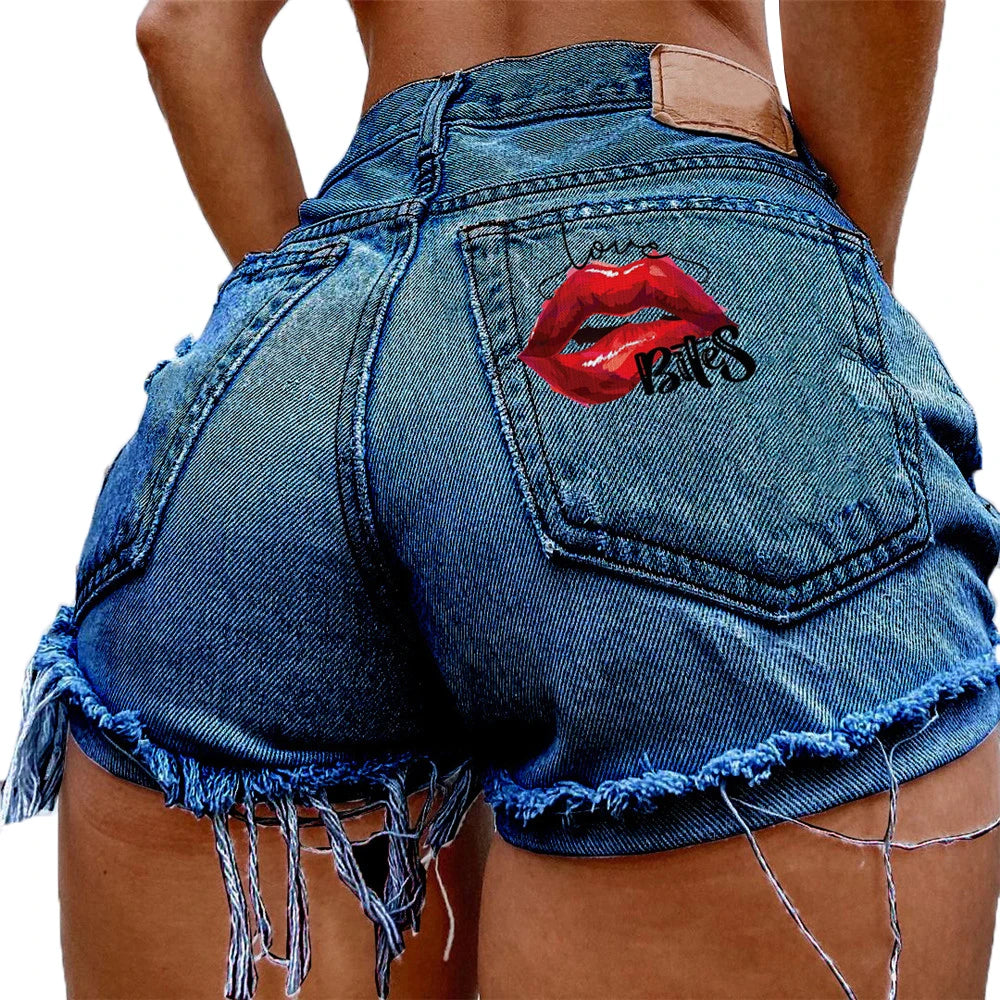 Denim Shorts Women High Street Net Red Lips Printed Jean Shorts