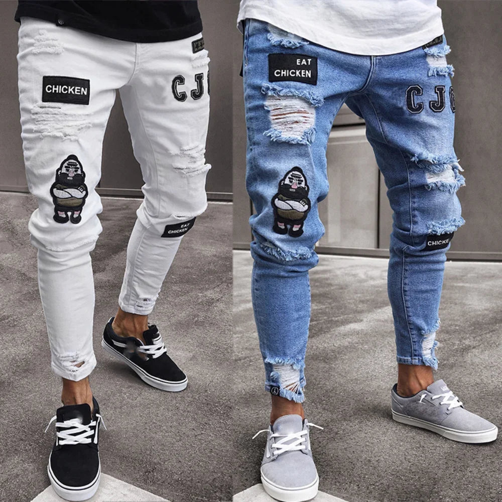 Men's Broken Hole Embroidered Pencil jeans Slim Men Trousers