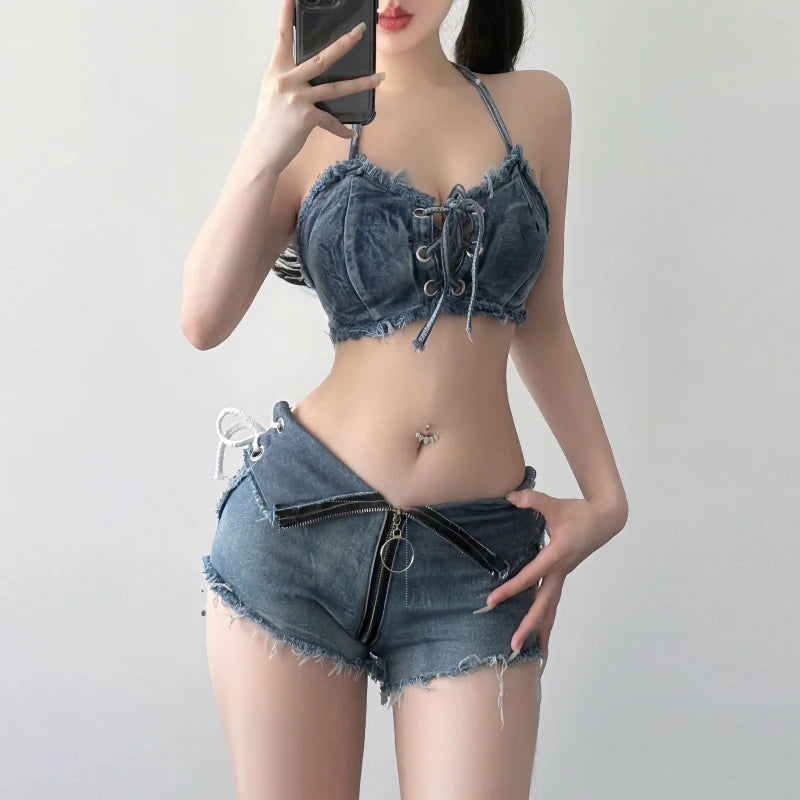 Sexy denim vest shorts set