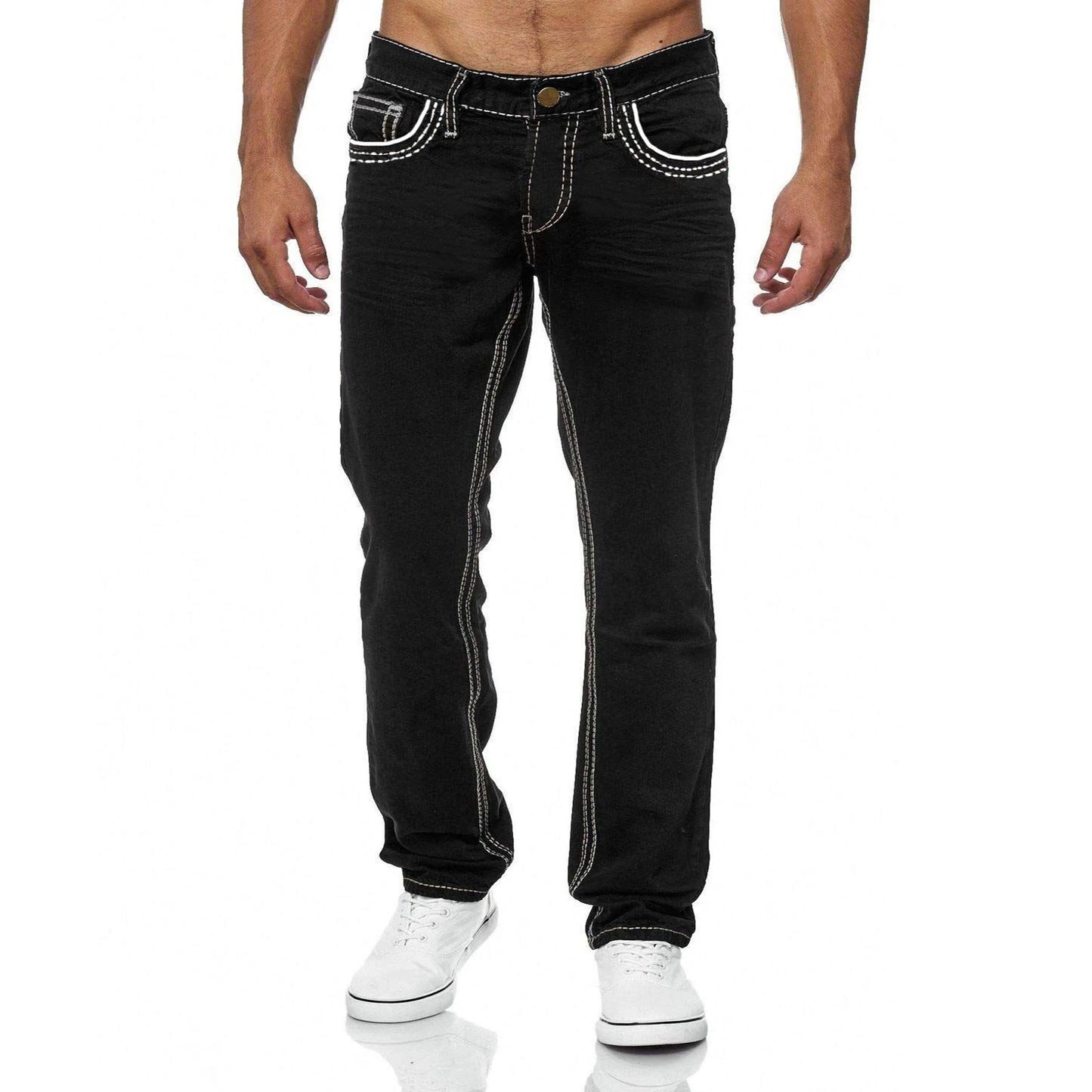 Men Jeans Solid Pockets Stretch Denim Straight Pants