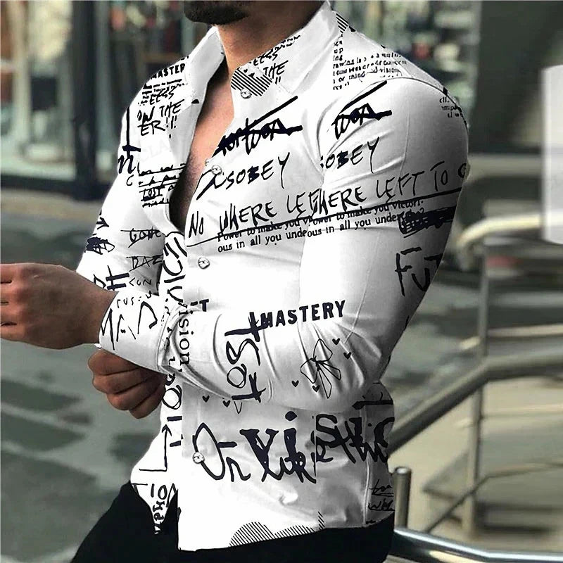 Long Sleeve Hawaiian Shirts Men Fashion Letter Shirt Black White Lepal Blouses