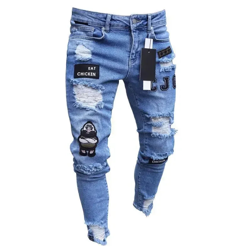 Men's Broken Hole Embroidered Pencil jeans Slim Men Trousers