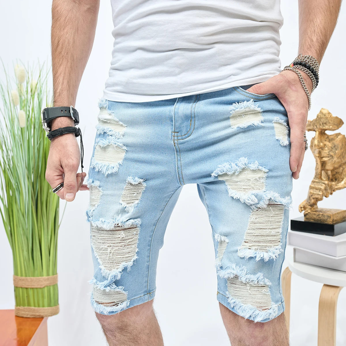 Summer Ripped Shorts Jeans Men's Hip-Hop Denim Pants Stretch Light Blue