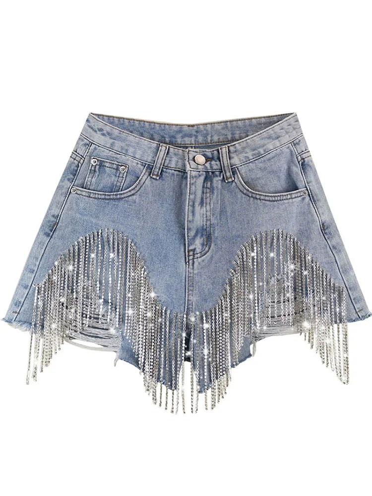 Diamond Chain Tassel Edge High Waist Straight Wide Leg Denim Shorts