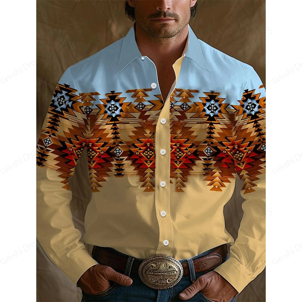 Men's Long Sleeve Shirt Western Style Denim Hawaiian Shirts Vintage comfortable and soft Graphic