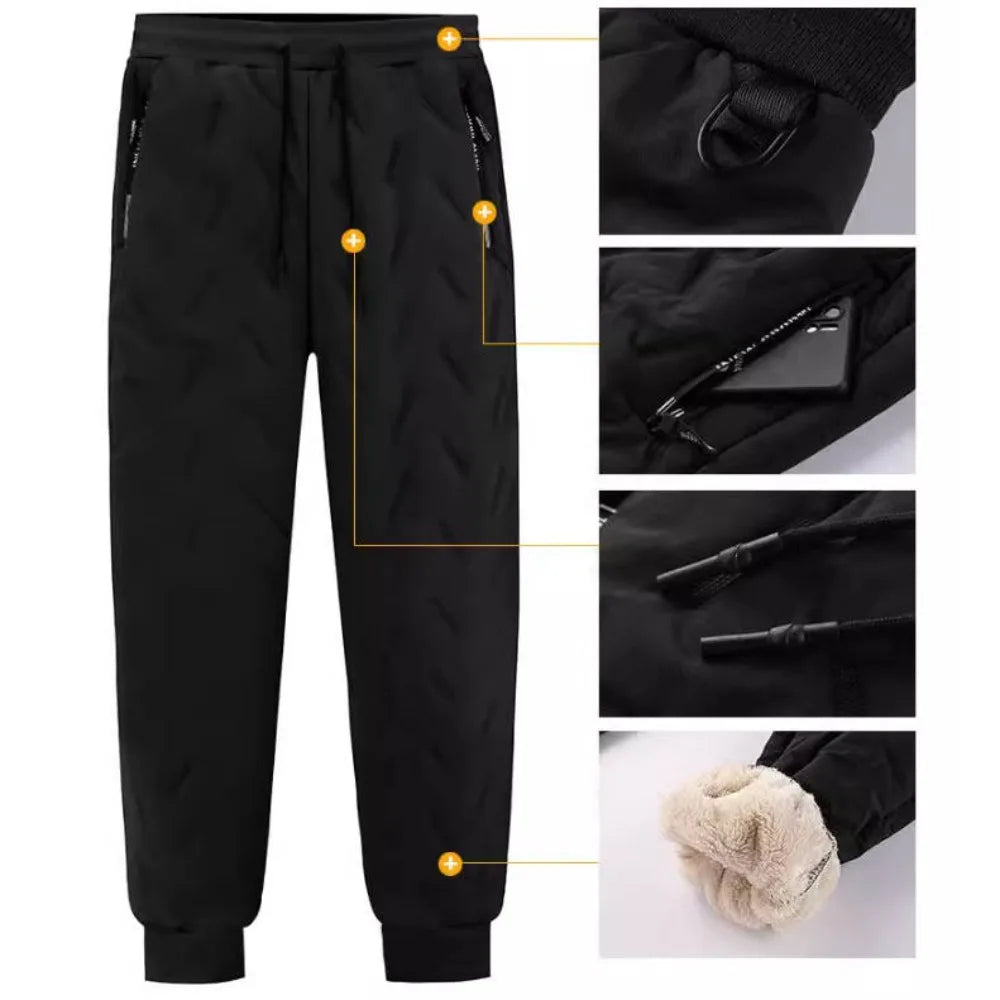 Winter Sweatwear Men Thicken Fleece Lining Sweatpant Waterproof Windproof Warm Velvet Pants