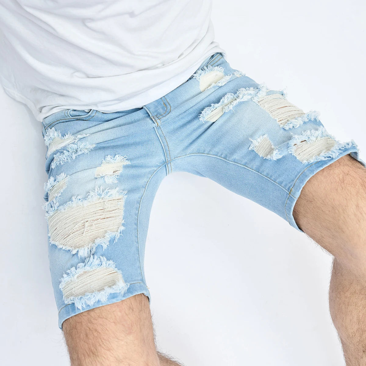 Summer Ripped Shorts Jeans Men's Hip-Hop Denim Pants Stretch Light Blue