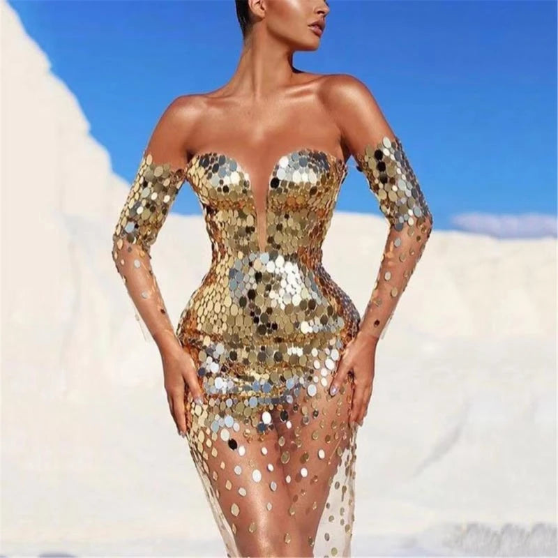 Long Sleeve Bare Shoulder Glitter Sequined Dress See Through Bodycon  Cocktail Party Dress