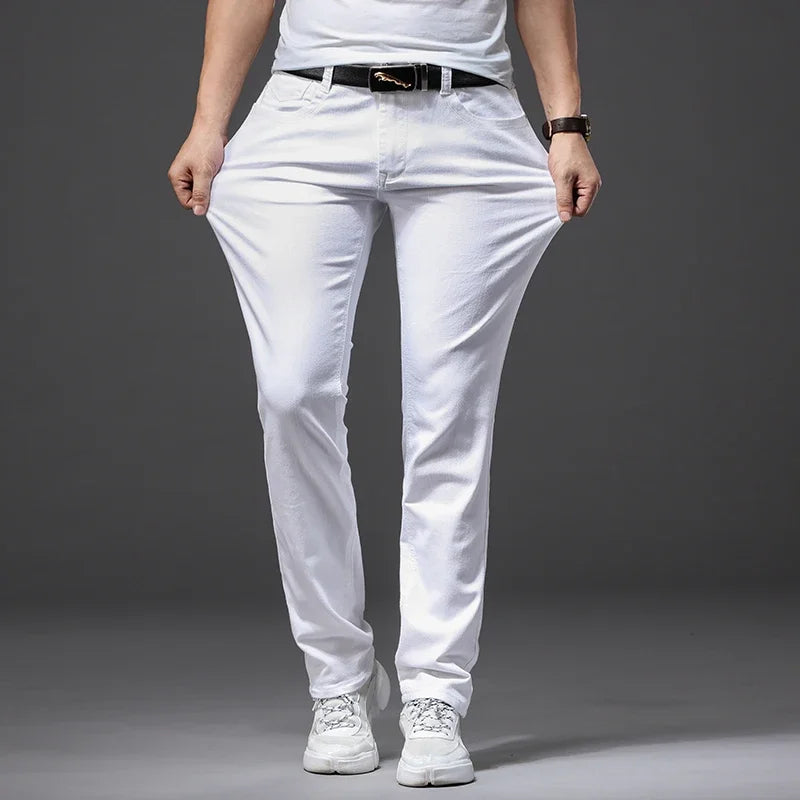 White Soft Stretch Denim Men Jeans Fashion Casual Classic Style Slim Trousers